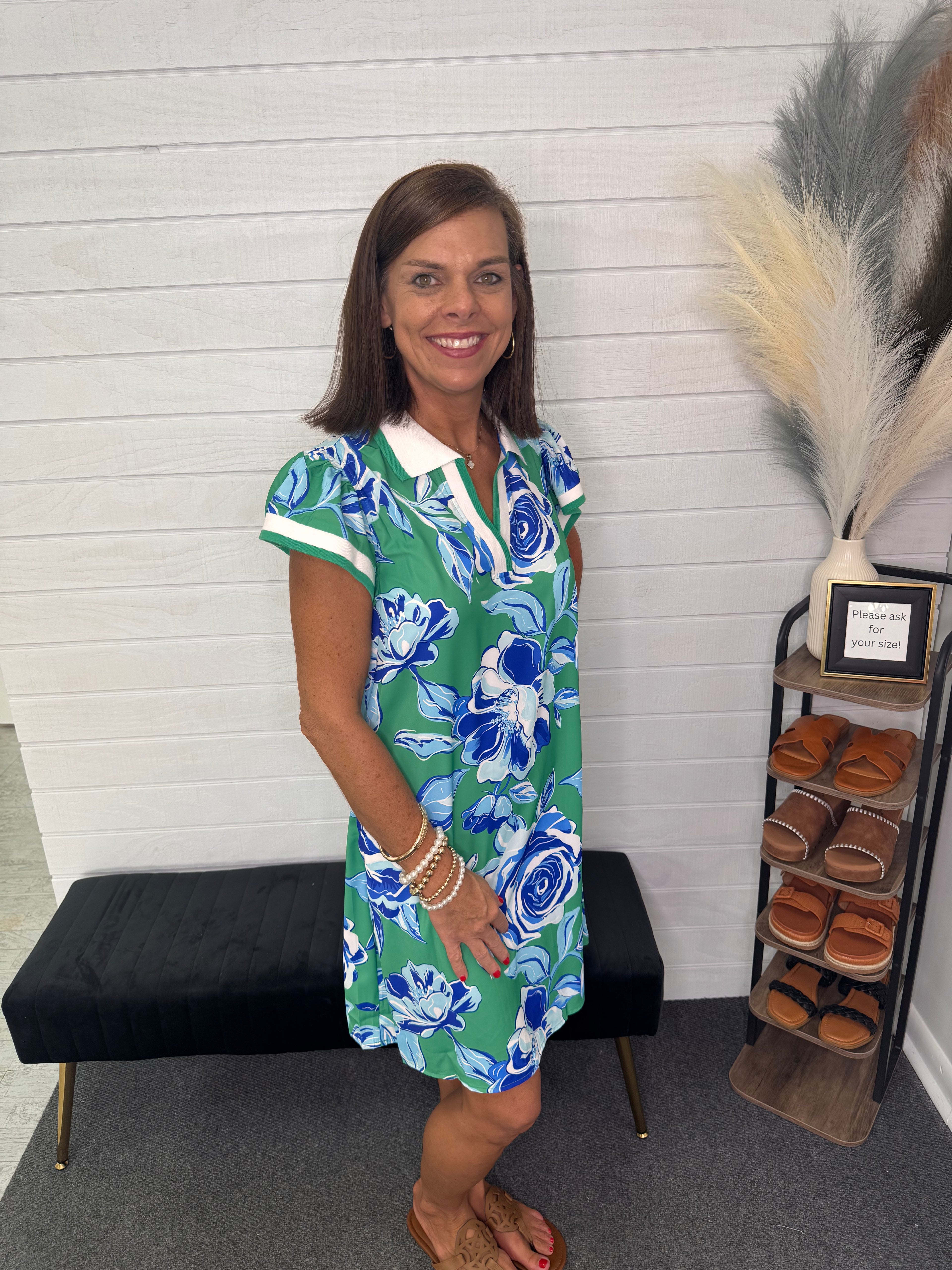 Bright Green Floral V-neck Dress