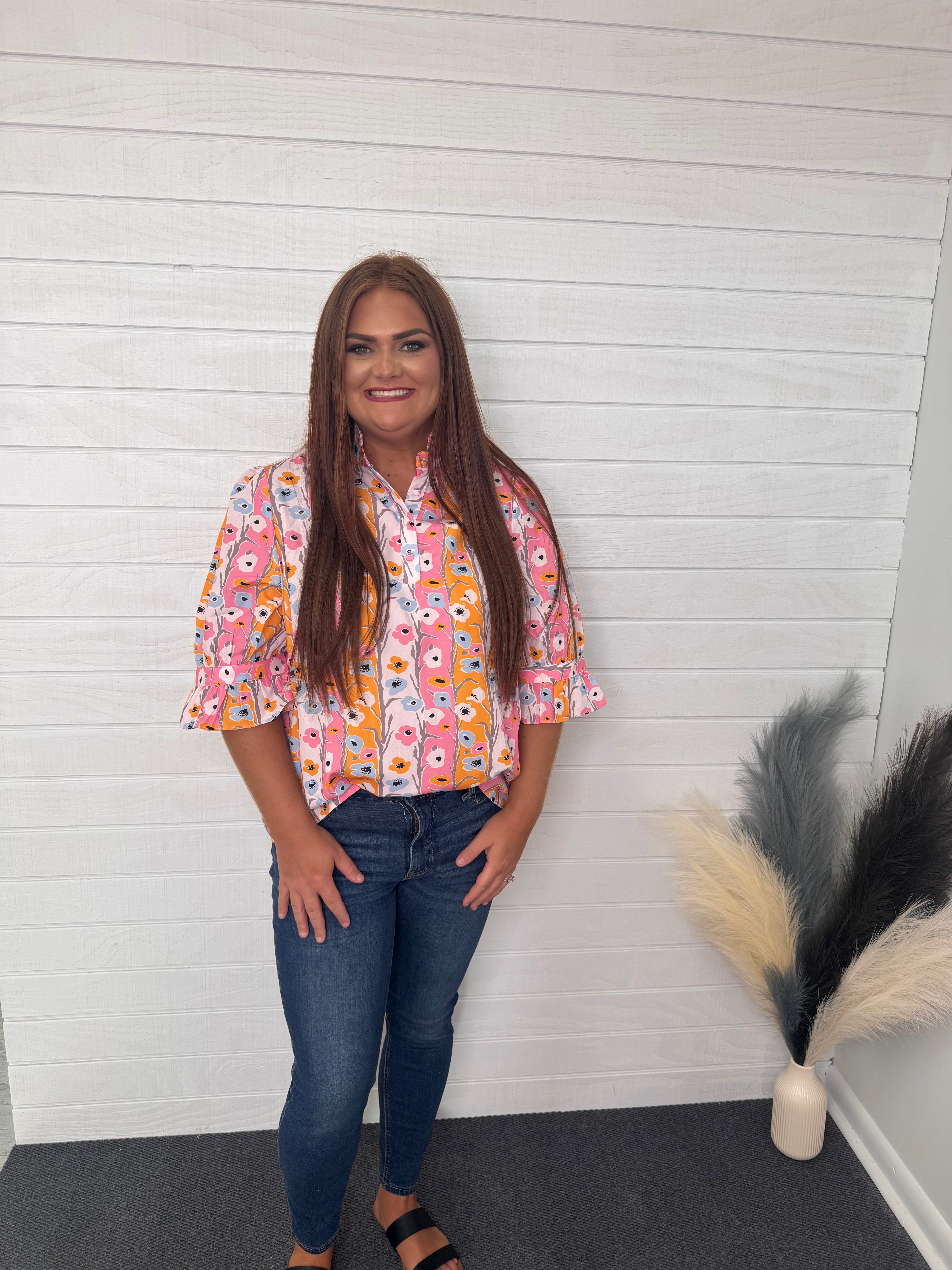 Pink Floral Collared Blouse