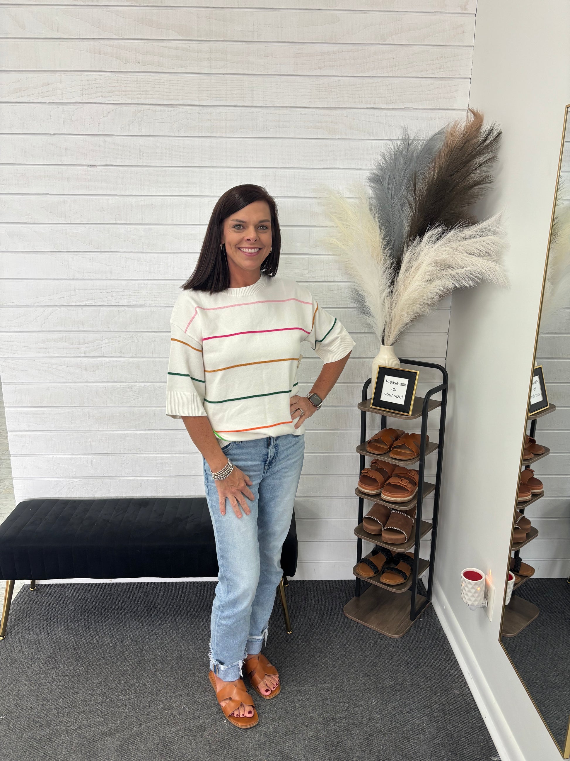 White Color-block Half Sleeve Sweater