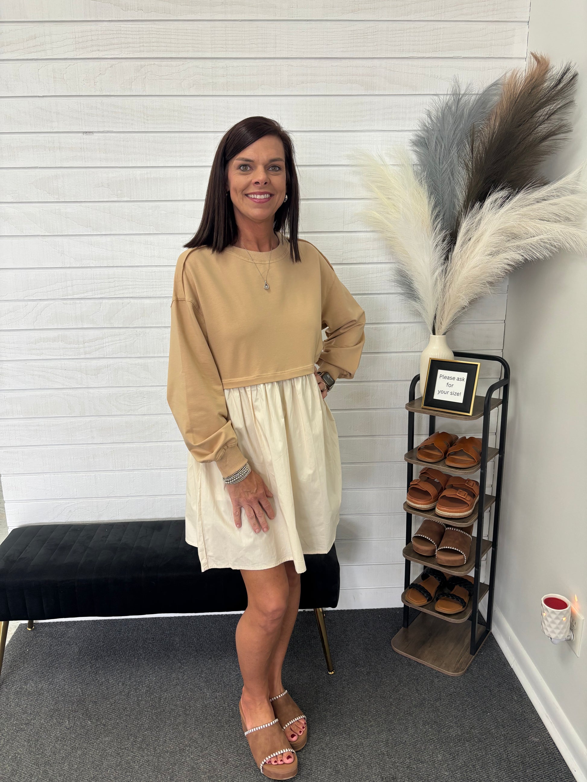 Pale Khaki Sweatshirt Poplin Dress