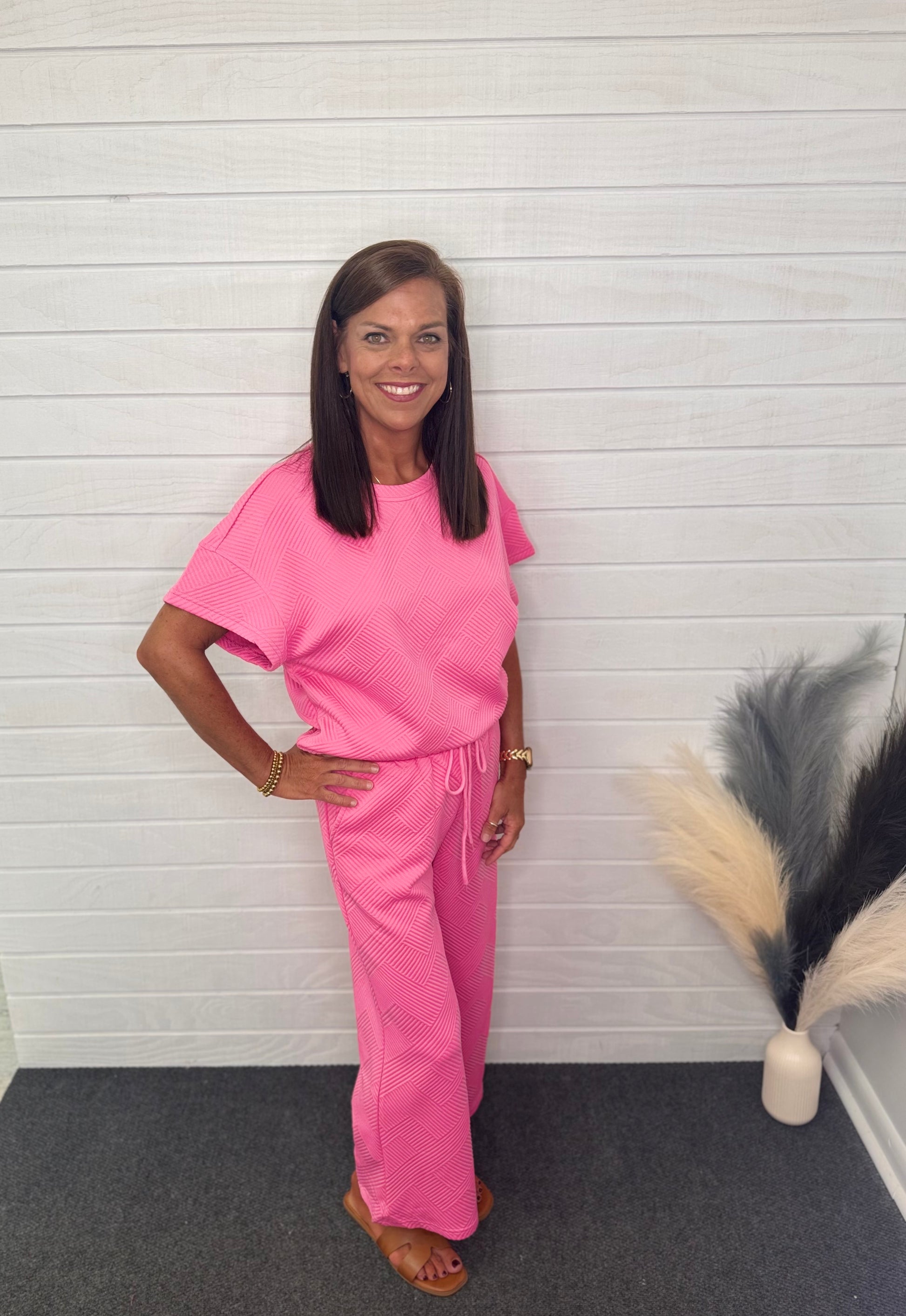 Strawberry Pink Textured Top and Pants Set