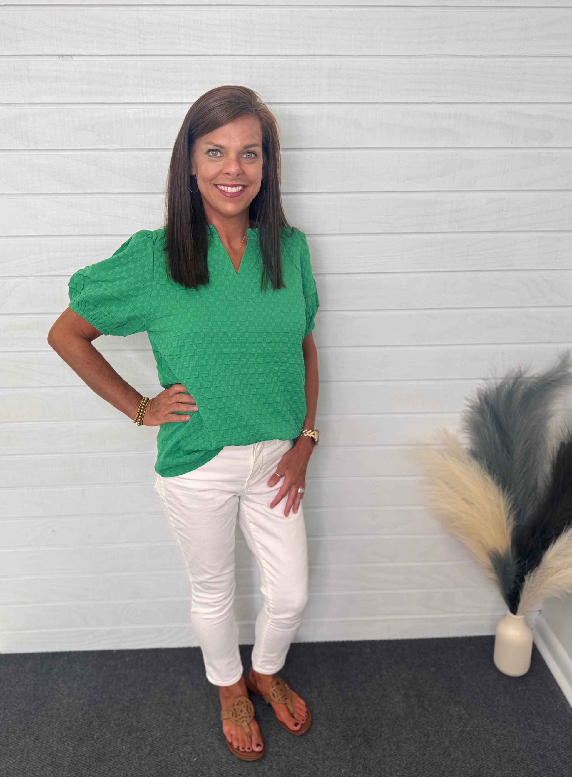 Green Textured Puff Short Sleeve Top