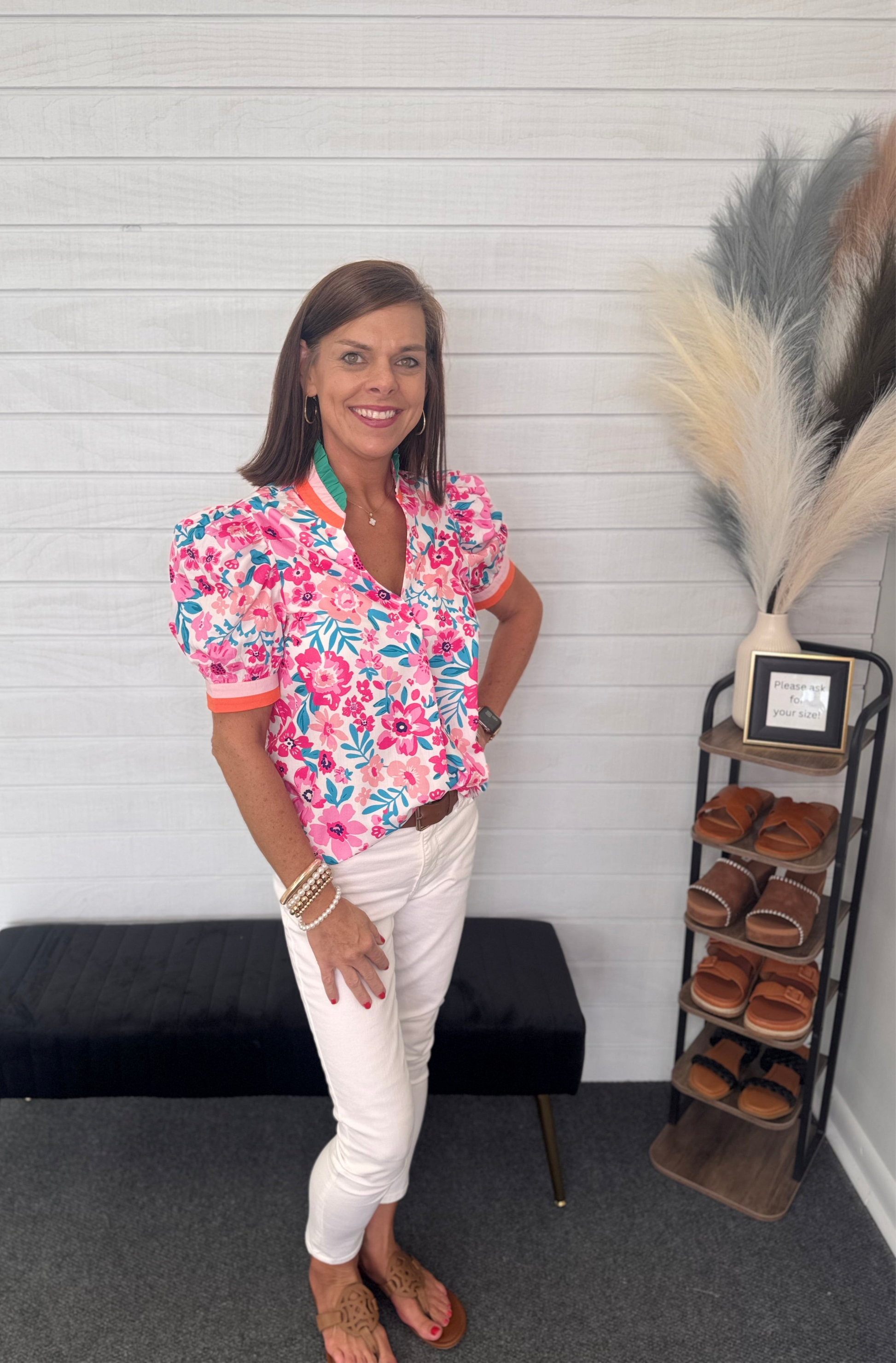 Pink Floral Contrast Blouse