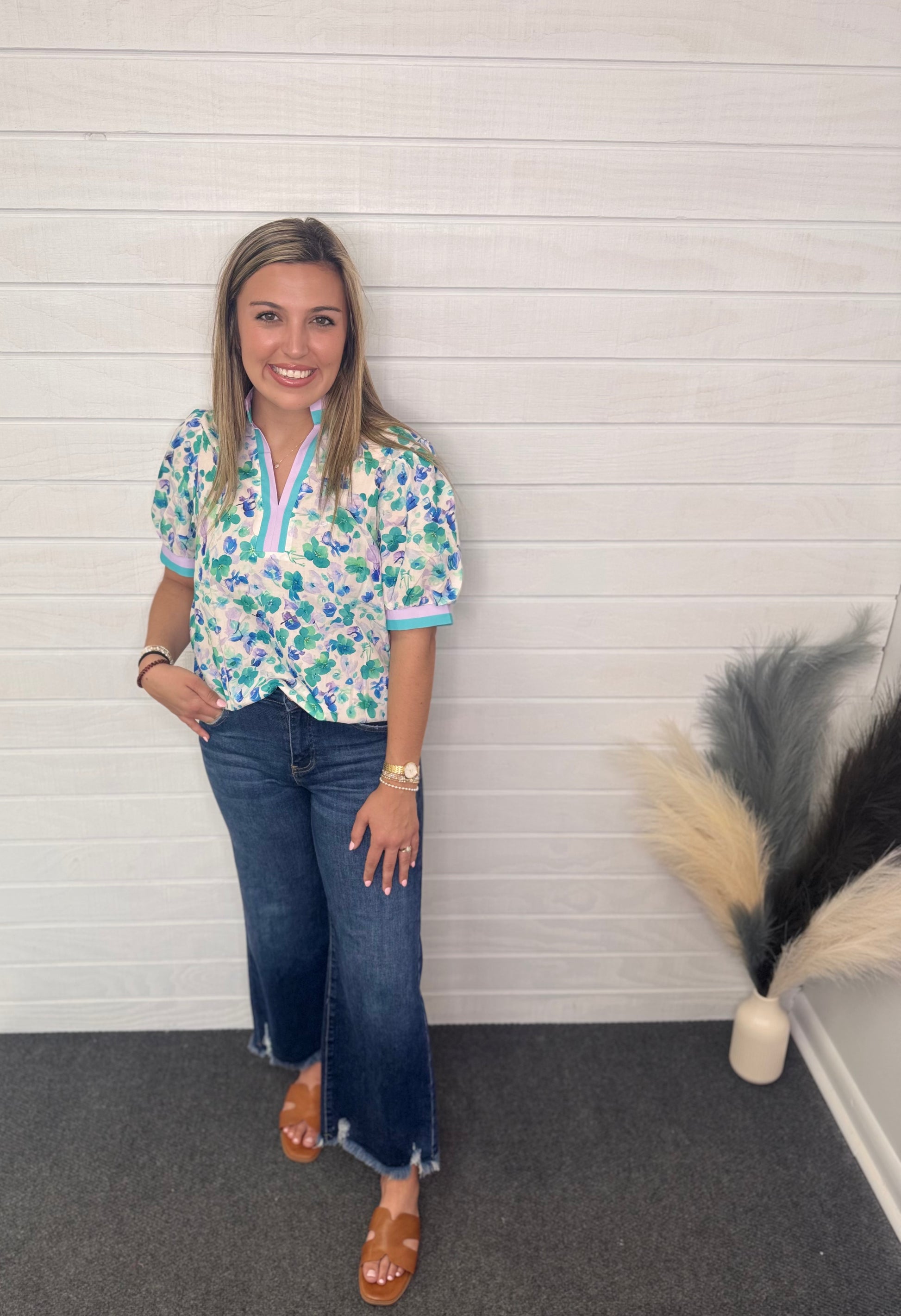 Green Floral Striped V-neck Puff Sleeve Shirt