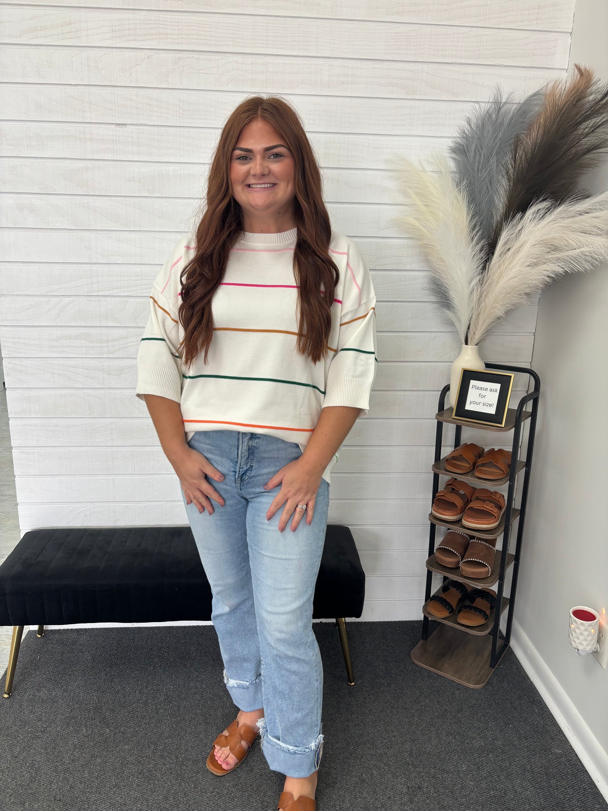 White Color Block Half Sleeve Sweater Plus