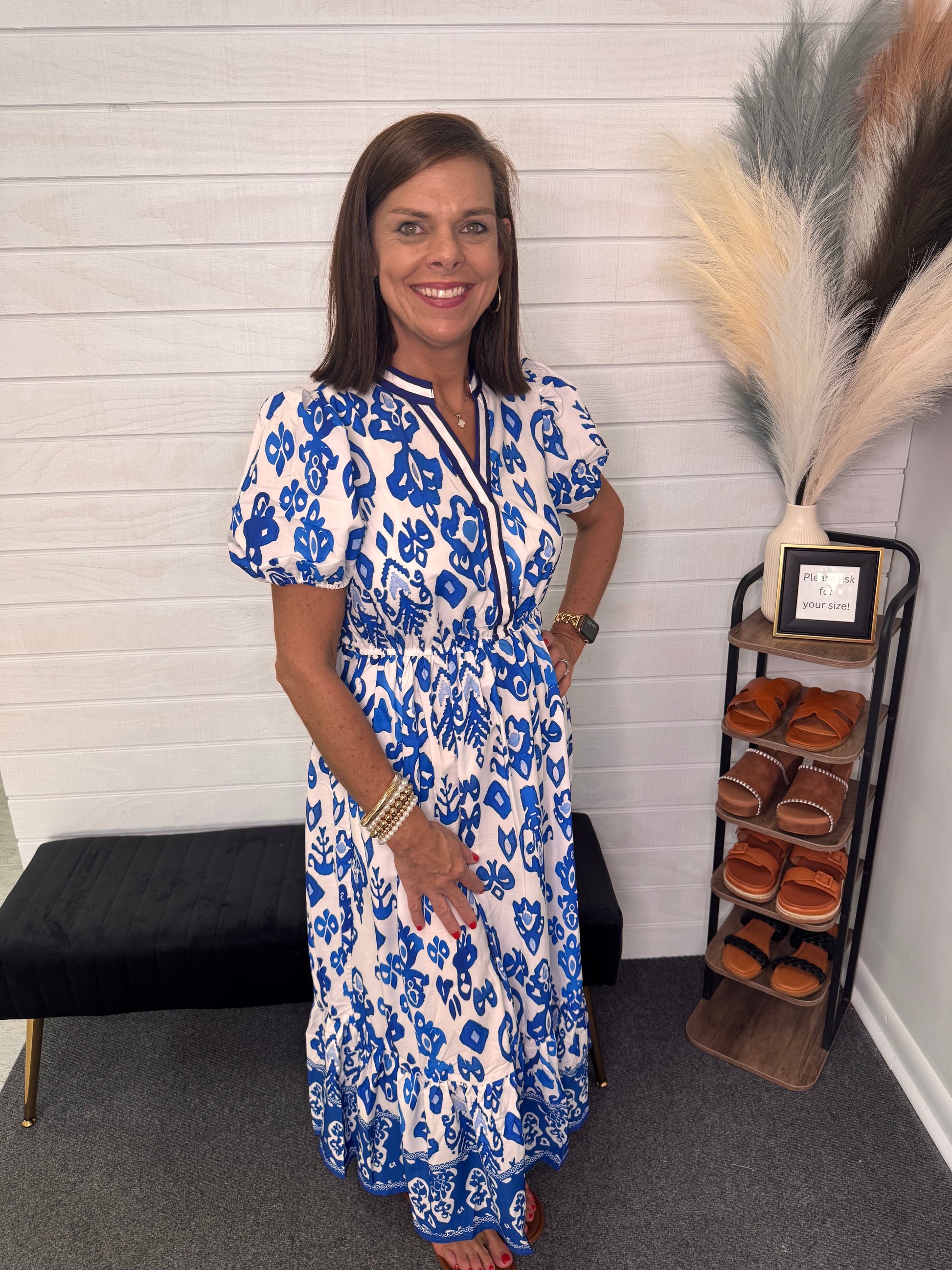 Blue Floral Puff Sleeve Maxi Dress