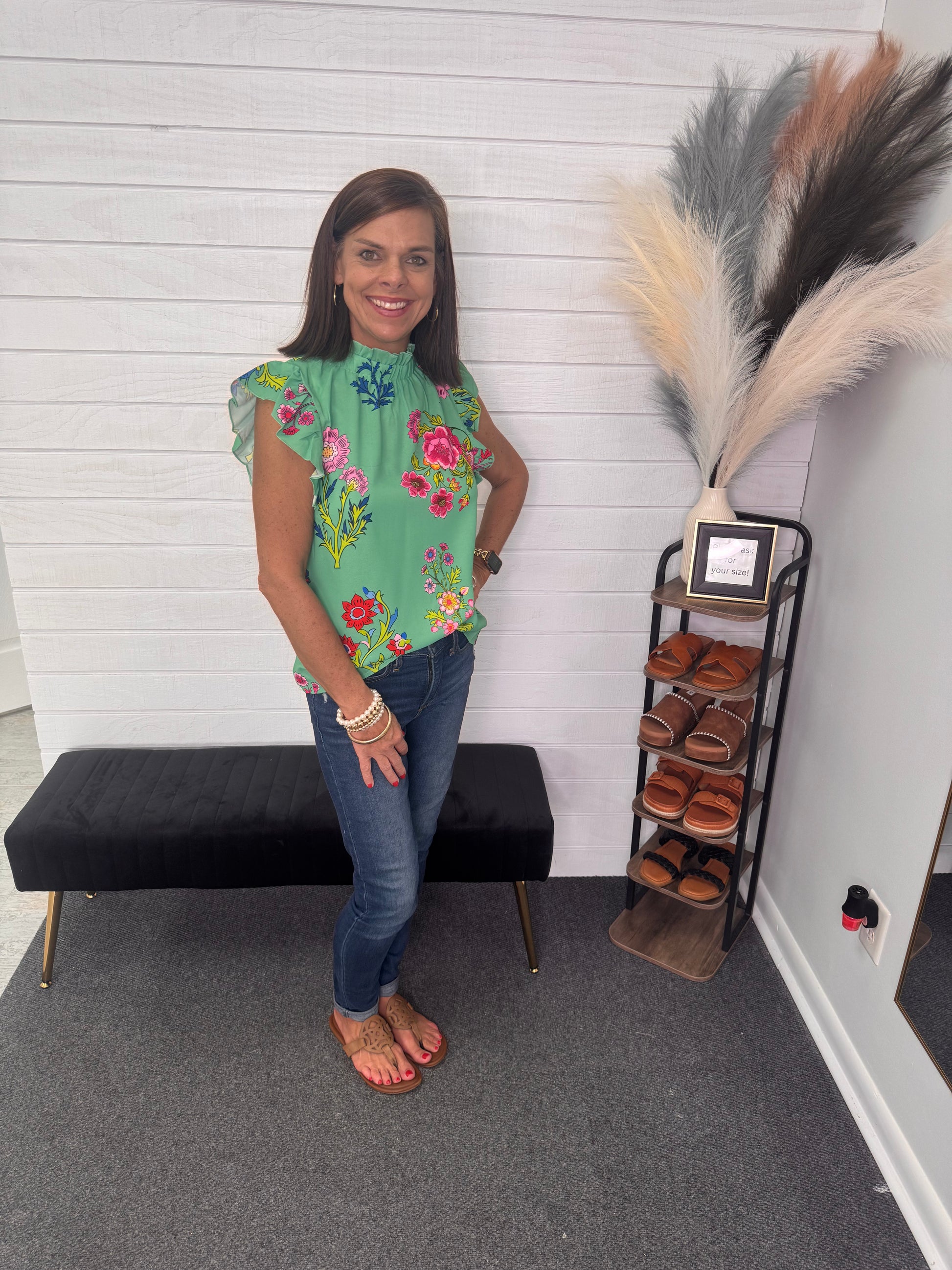 Green Flutter Sleeve Floral Blouse
