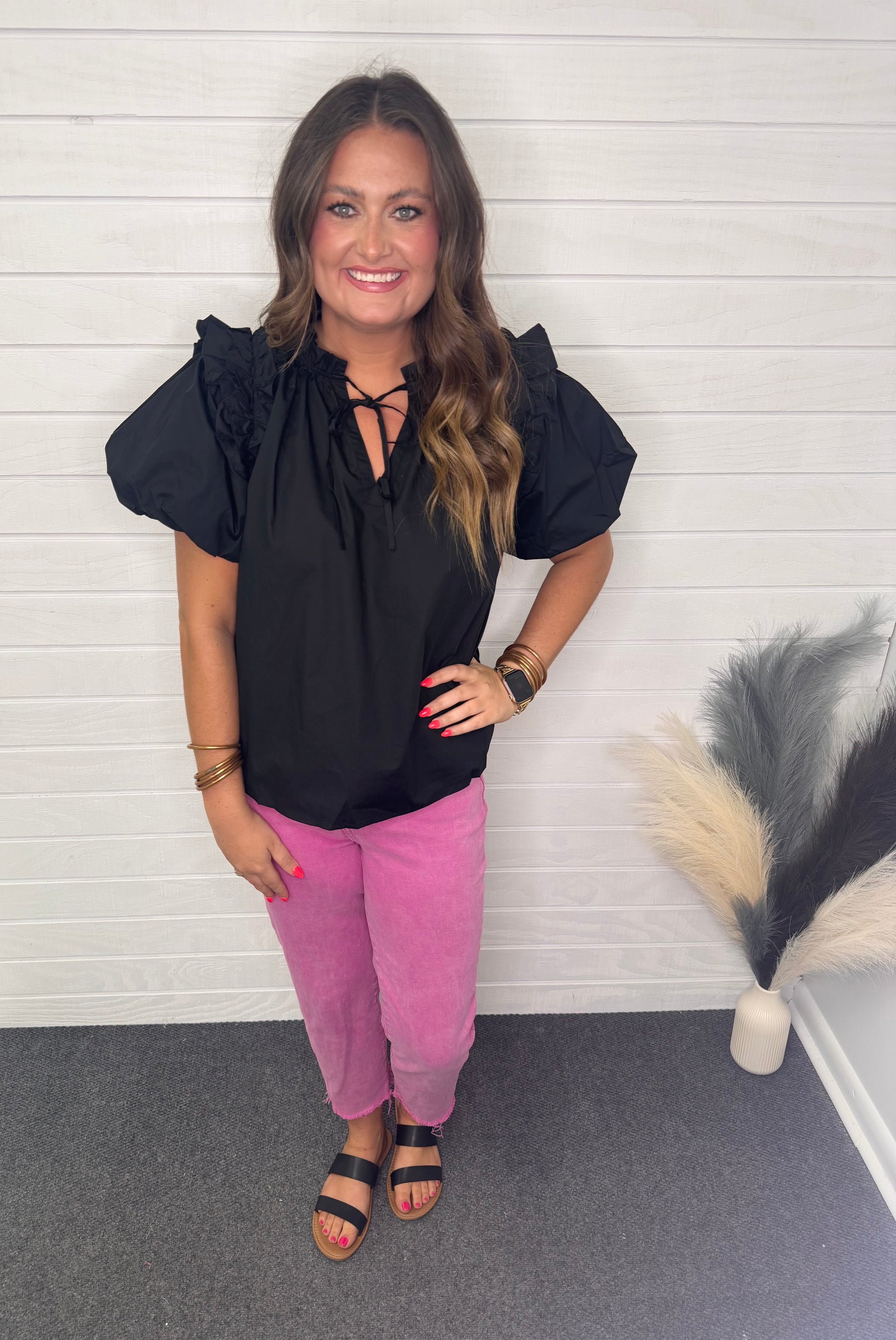 Black Ruffled Puff Sleeve Blouse