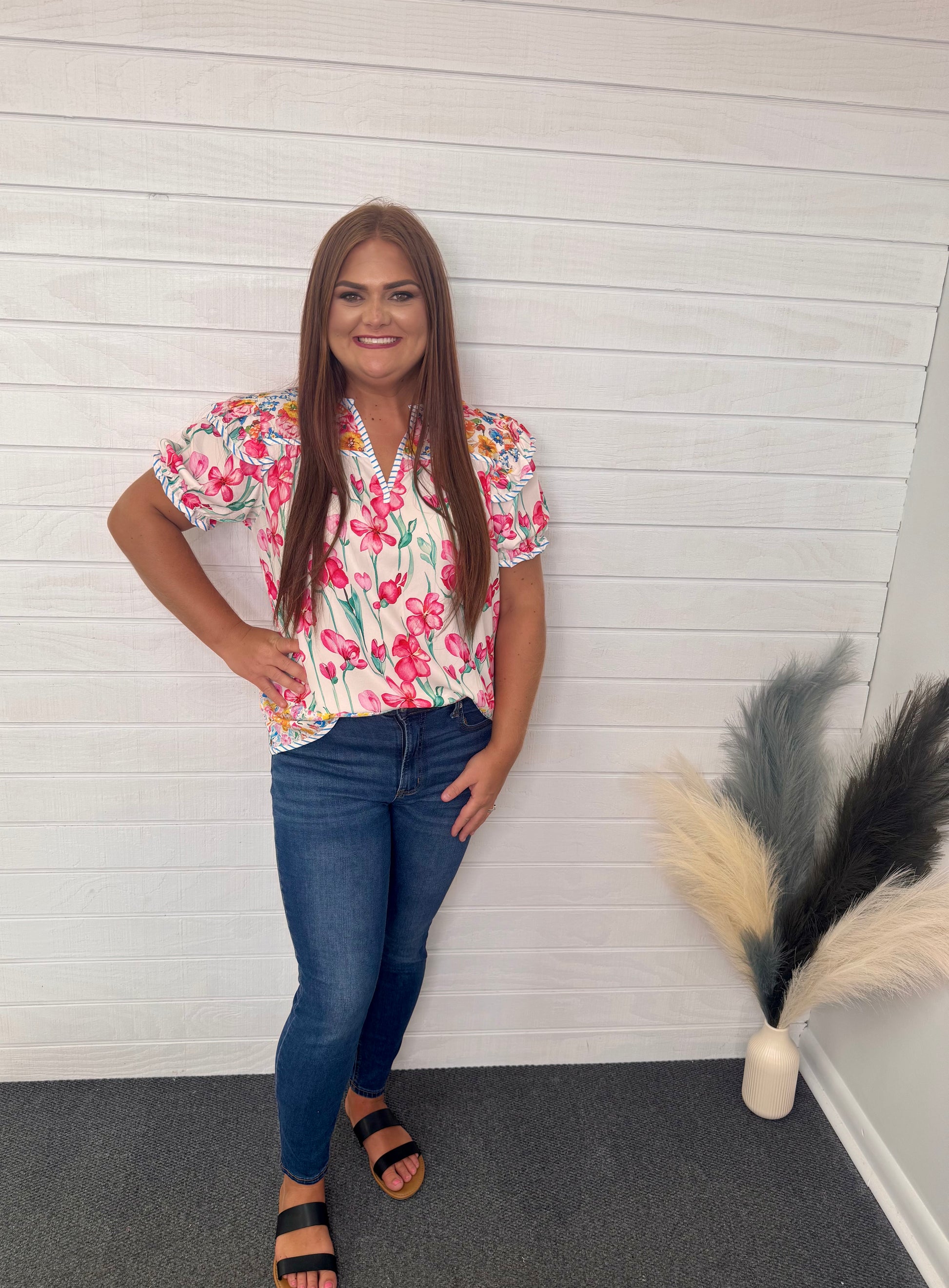 Floral V-neck Plus Size Blouse