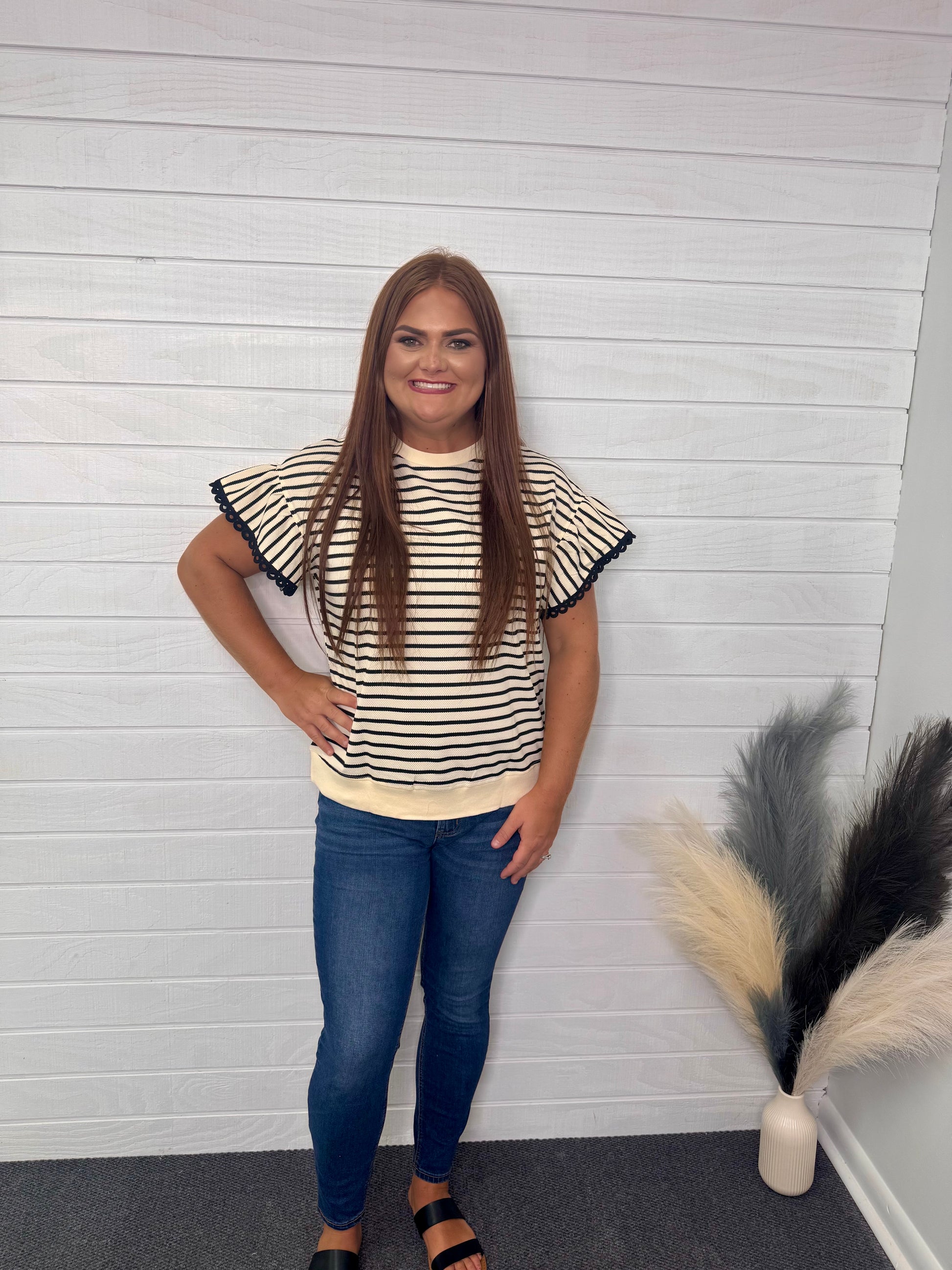 Black Striped Scallop Trim Plus Size Top