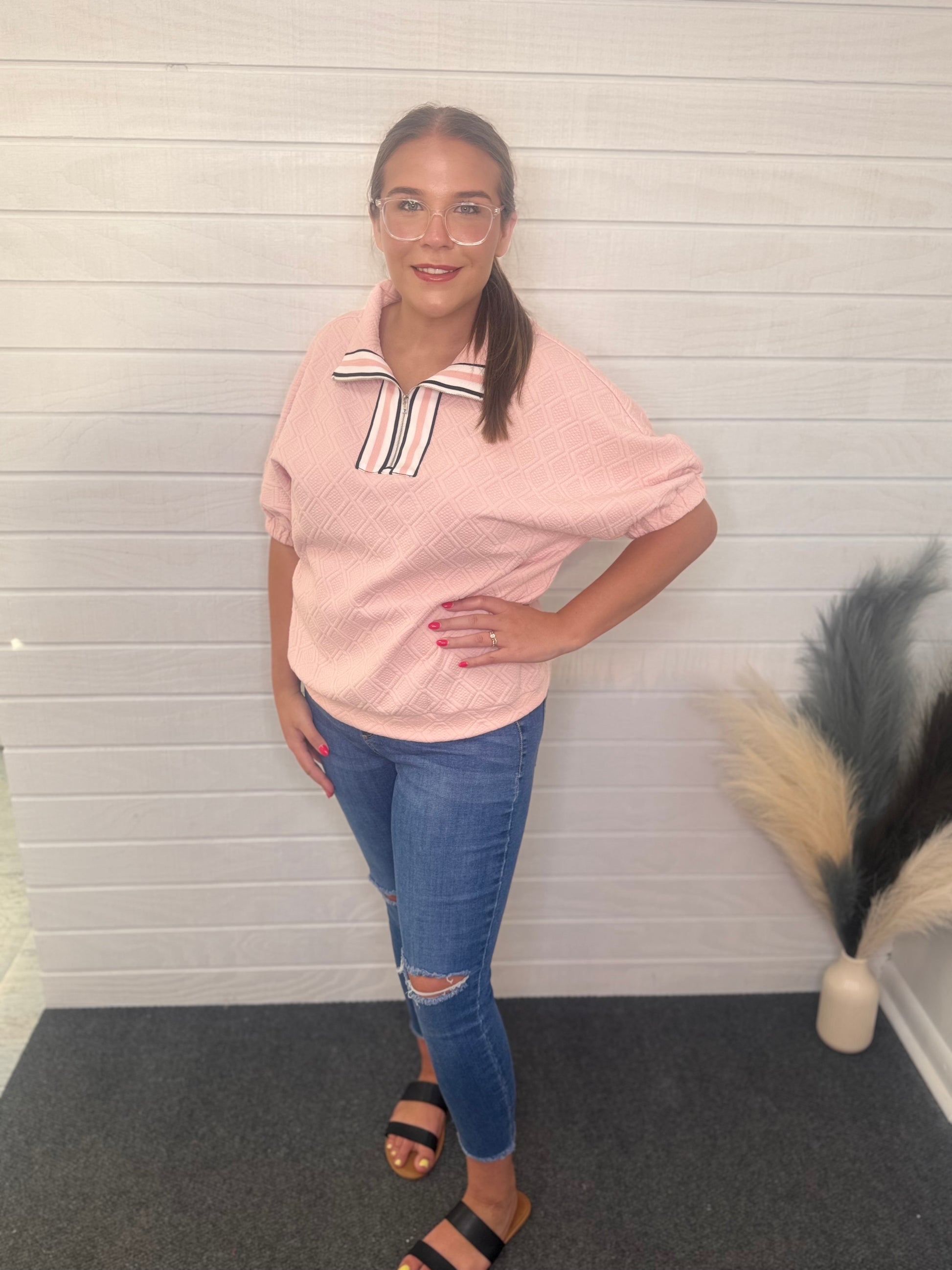 Light Pink Textured Collared Top