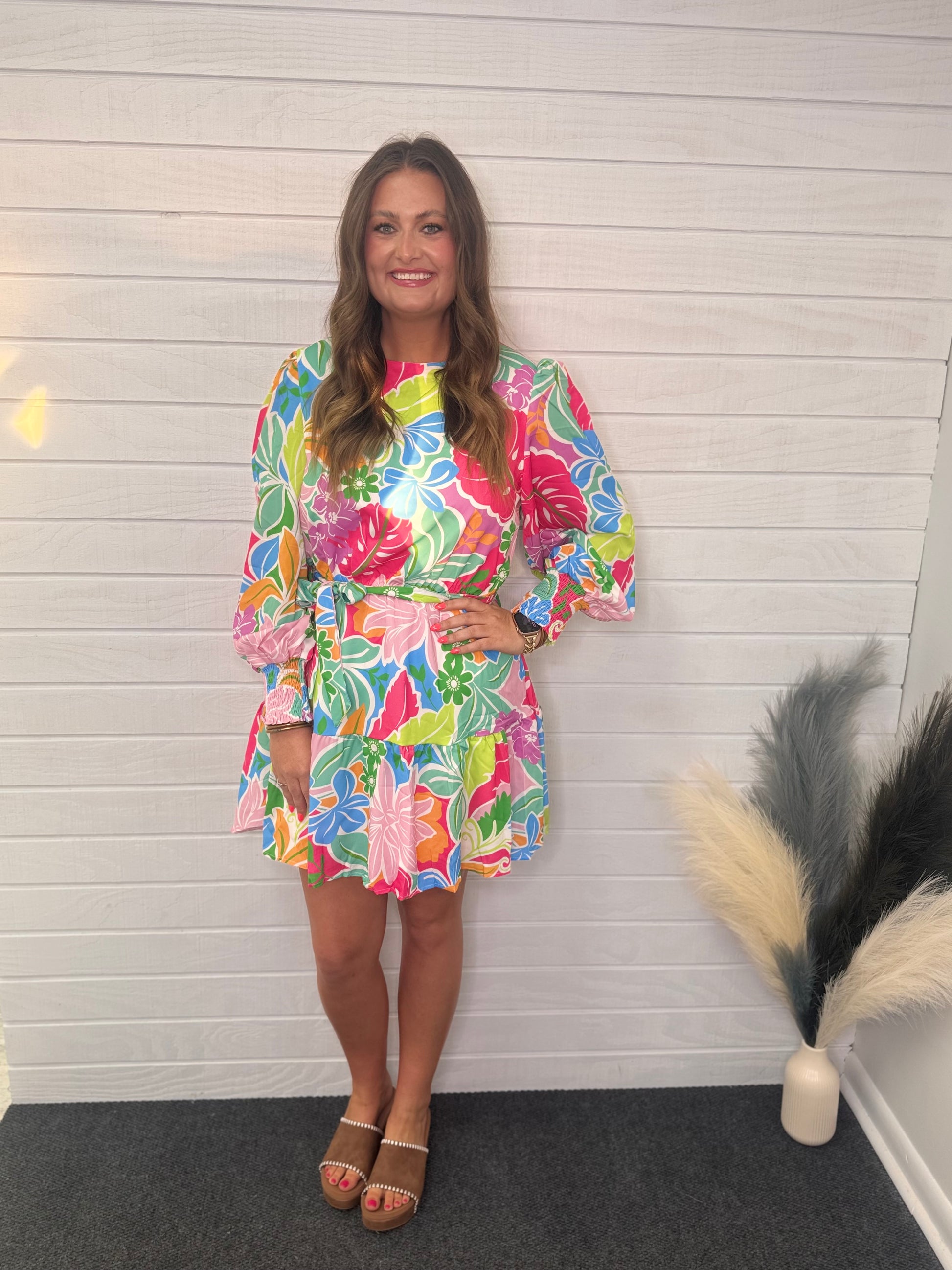 Floral Bubble Sleeve Mini Dress