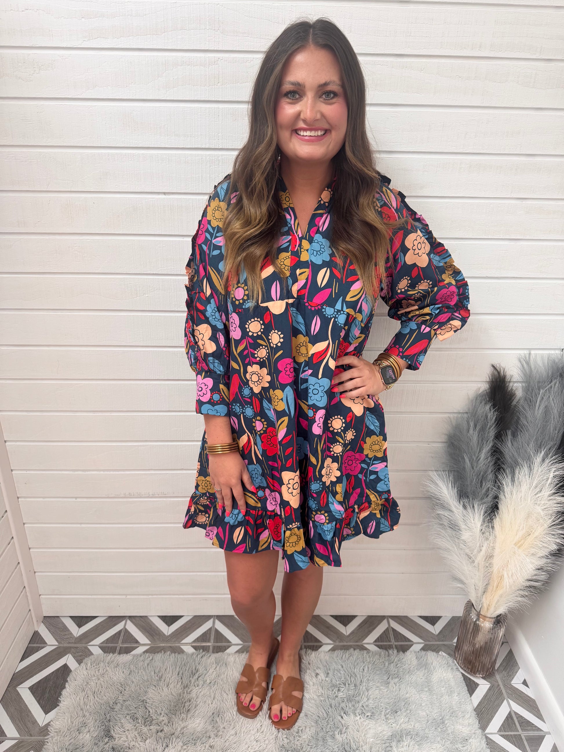 Floral Ruffle 3/4 Sleeve Dress